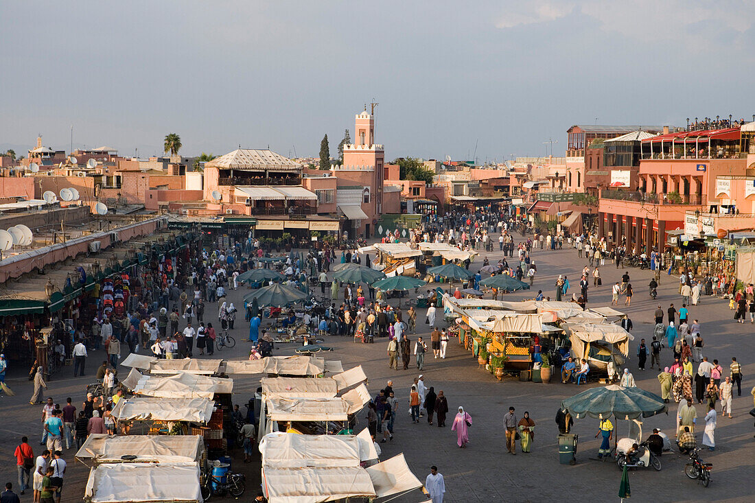Djemaa el Fna Square and Souq Entrance, View from Terrace of Cafe Glacier, Marrakesh, Morocco, Africa