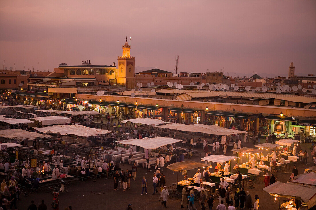 Djemaa el Fna square at sunset, View from Terrace of Cafe Glacier, Marrakesh, Morocco, Africa