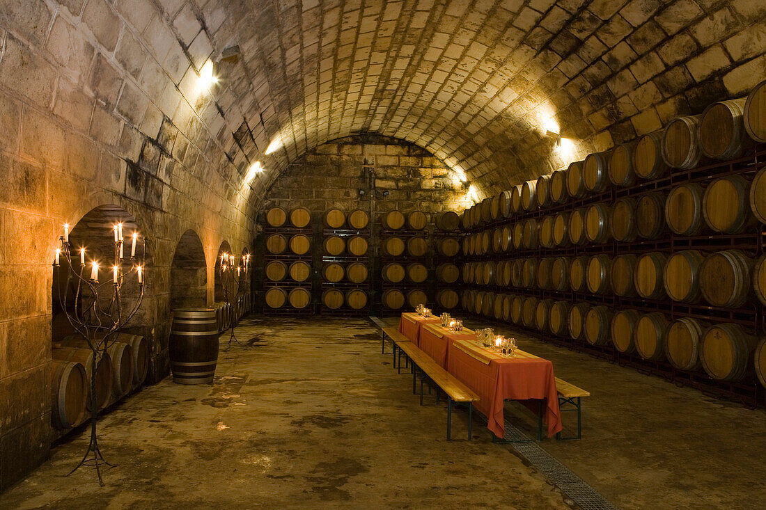 Table setting in the cellar of Bodegues Santa Catarina Winery, near Andratx, Mallorca, Balearic Islands, Spain, Europe