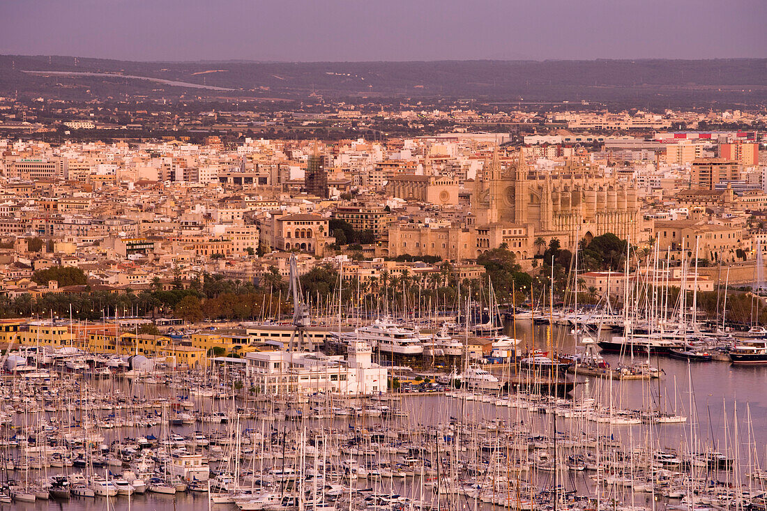 Blick vom Castell de Bellver auf Hafen, Stadt und Kathedrale La Seu in der Abenddämmerung, Palma, Mallorca, Balearen, Spanien, Europa