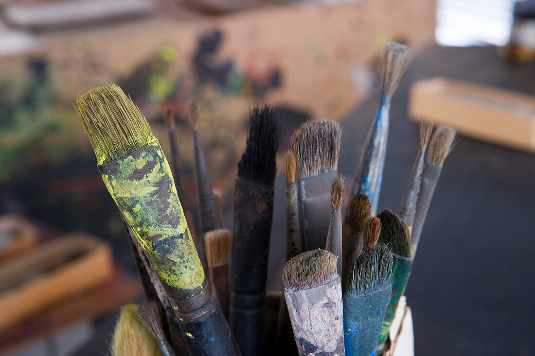 Paint Brushes in Miro's Studio at Fundacio Pilar i Joan Miro, Palma, Mallorca, Balearic Islands, Spain, Europe