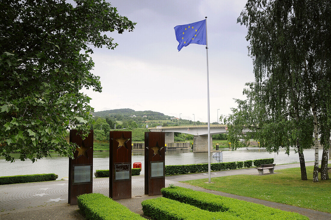 Europian monument at the Mosel river under clouded sky, Schengen, Luxembourg, Europe