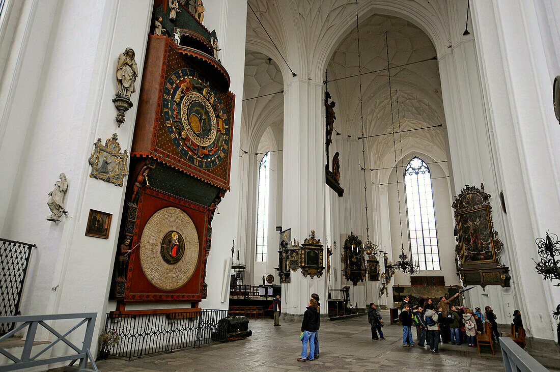 View at astronomic clock at the church of Our Lady, Rechtstadt, Gdansk, Poland, Europe