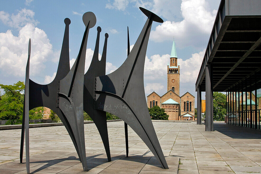 Neue National Galerie (New National Gallery), Museum Of Modern Art By The Architect Ludwig Mies Van Der Rohe, Work By Alexander Calder In The Foreground Saint Matthauskirche (Saint Matthew Church) In The Background, Berlin, Germany