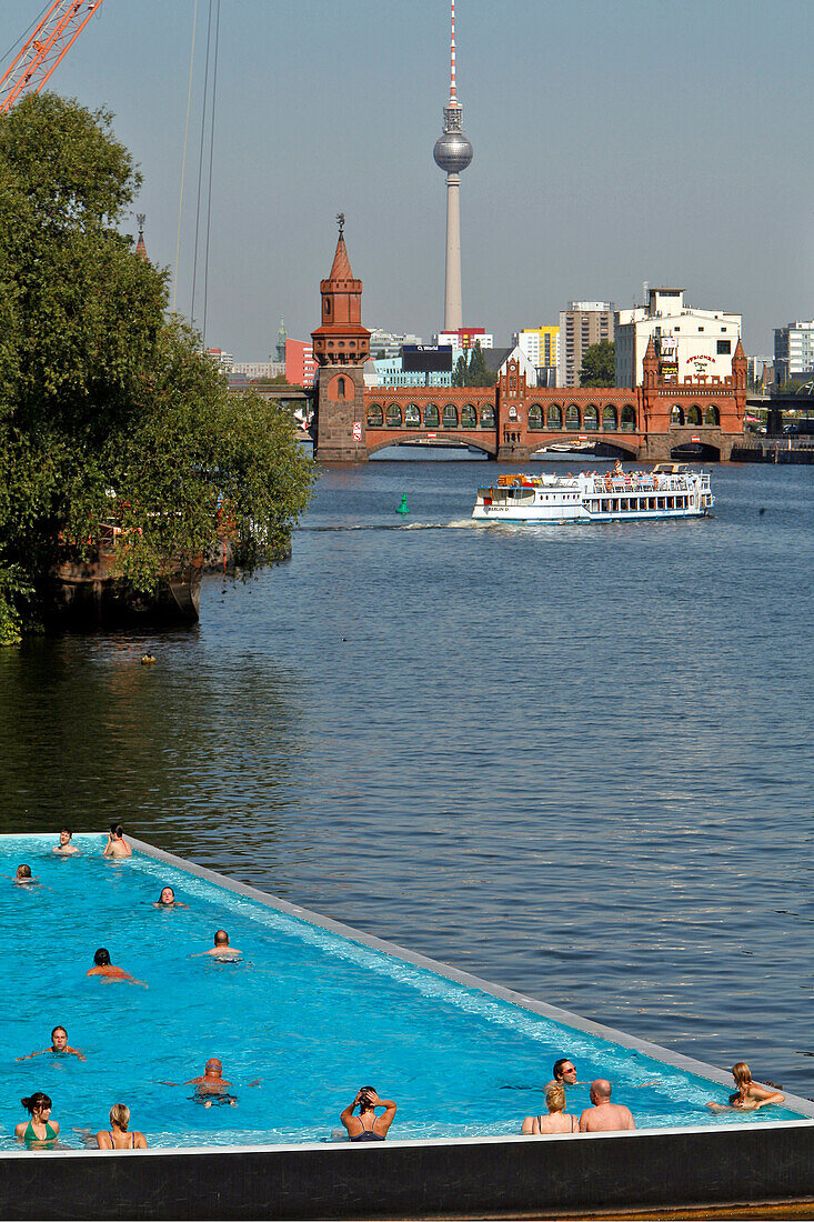 Badeschiff On The Spree, Badeschiff An Der Spree, Open-Air Swimming Pool, Arena Complex, Treptower Park, Television Tower, Fernsehturm And Oberbaumbrucke Bridge, Berlin, Germany