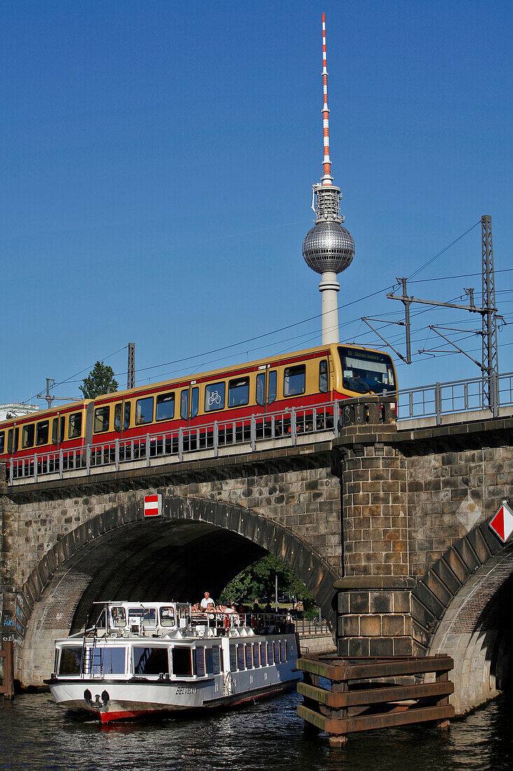 Television Tower, Fernsehturm, Boat On The Spree And Train, Berlin, Germany