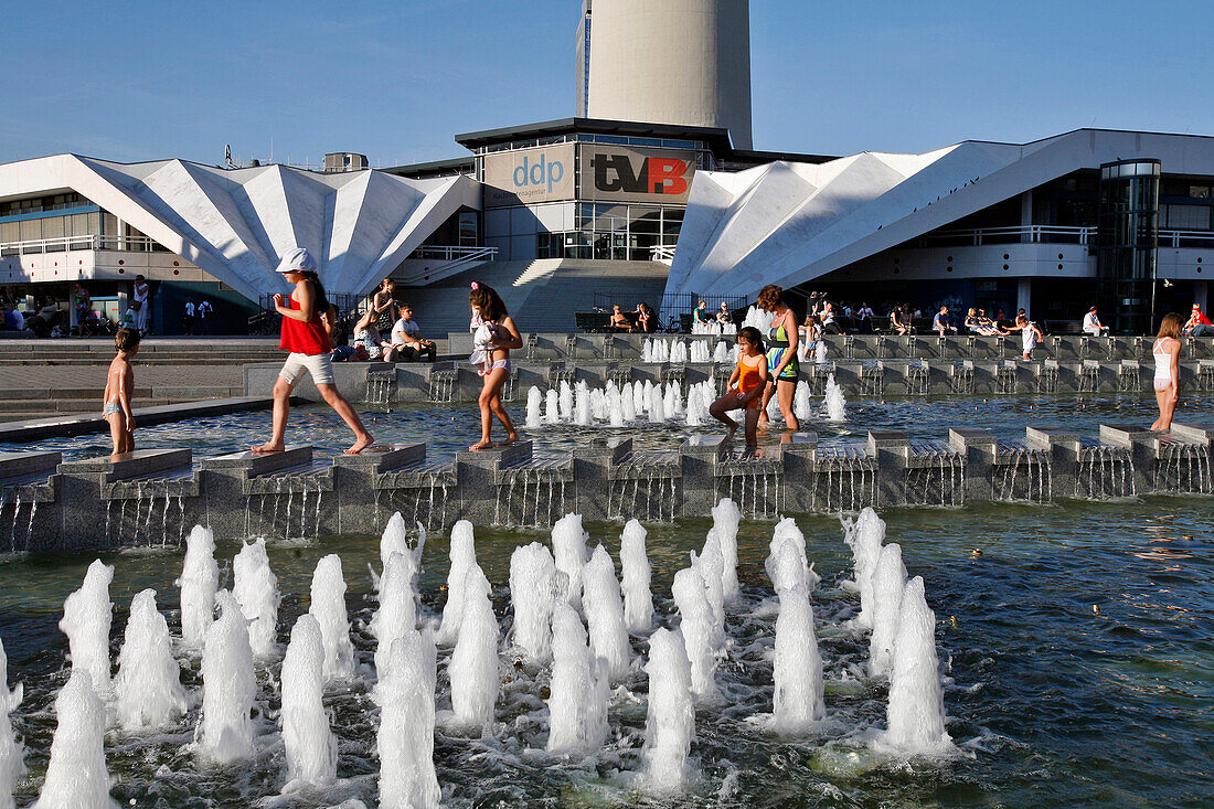 Children In The Fountain At The Foot Of The Television Tower, Fernsehturm, Alexanderplatz, Berlin, Germany