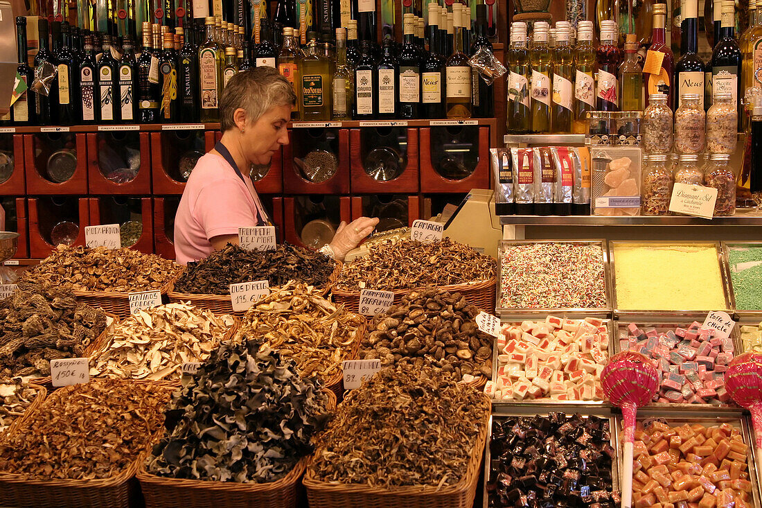 Stand Of Dried Mushrooms And Delicacies At The Market 'La Boqueria', Culinary Temple Become One Of The Biggest Markets In Europe, 'El Raval' Neighborhood, Barcelona