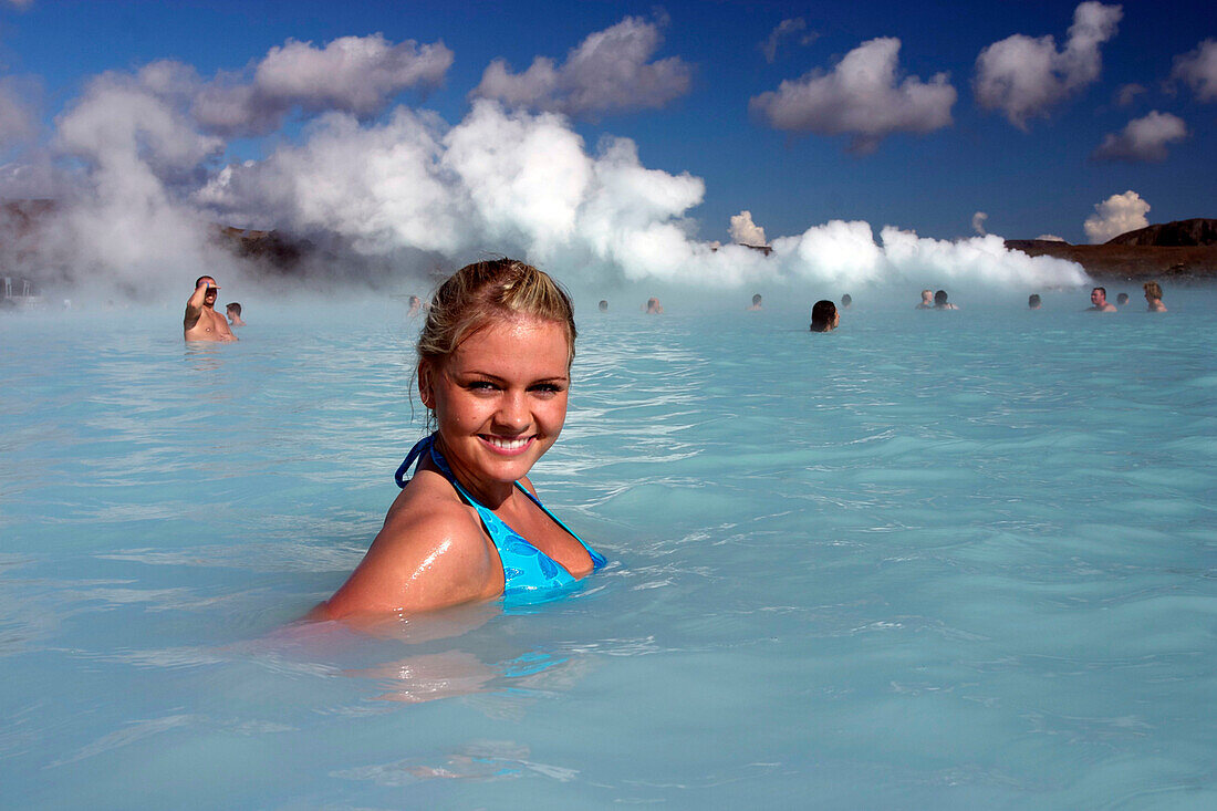 Icelandic Woman Bathing In The Blue Lagoon, Hot Water Spring, Geothermal Source, Silica, Reykjanes Peninsula, Iceland