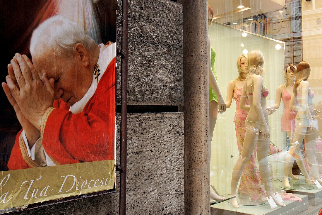 Post Of Pope John Paul Next To A Lingerie Shop, Via Del Corso, Rome, Italy