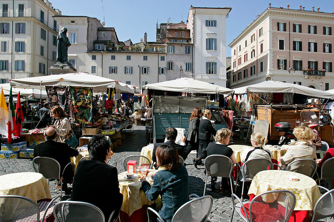 Market Of The Campo Dei Fiori With Sidewalk Cafes And Restaurants, Rome, Italy