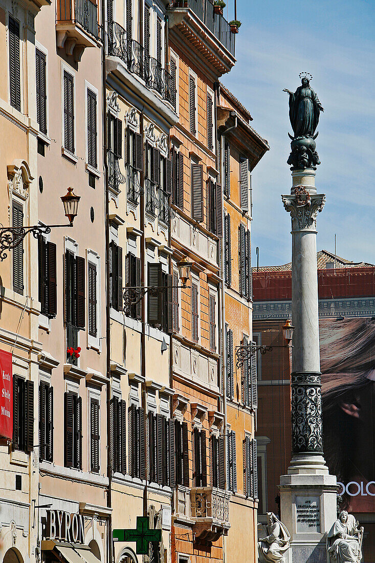 Facade Of A House And The Column Of The Immaculate Conception, Rome