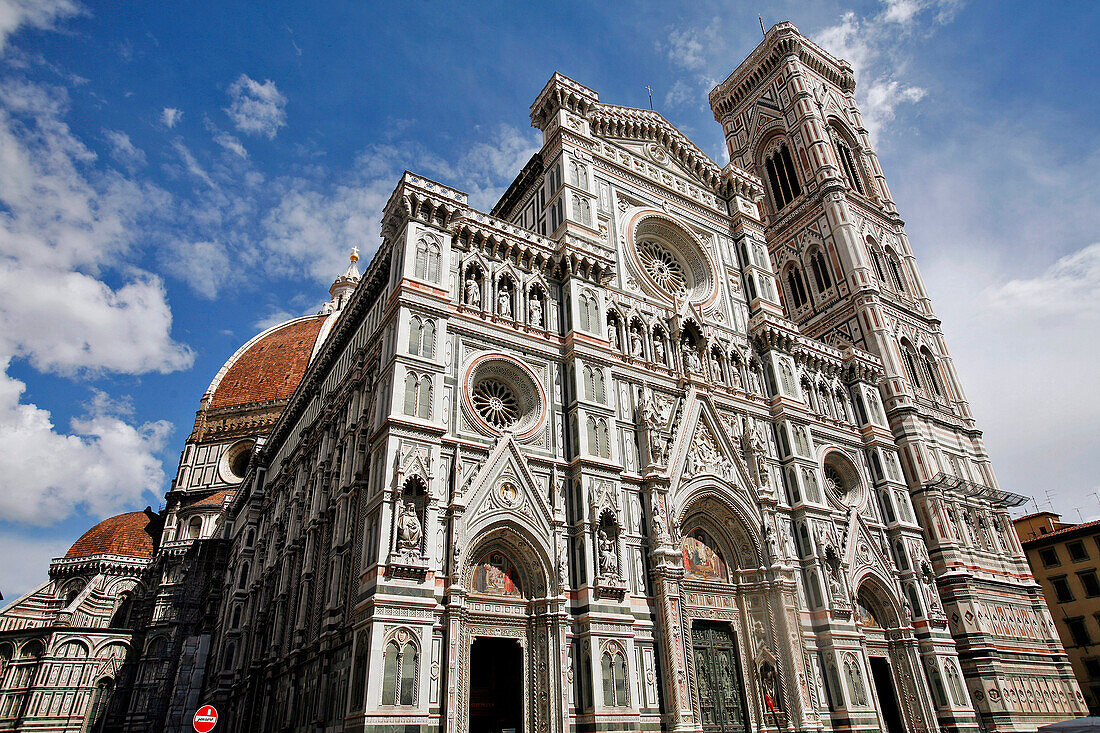 Facade In Coloured Marble Of The Duomo, Santa Maria Del Fiore Cathedral And Campanile, Florence, Tuscany, Italy