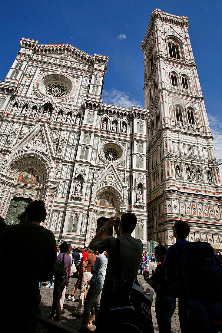 Facade In Coloured Marble Of The Duomo, Santa Maria Del Fiore Cathedral And Campanile, Florence, Tuscany, Italy