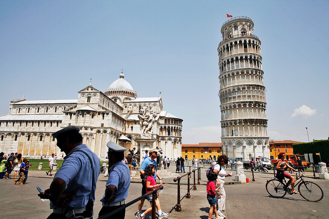 Carabinieri (Police Officers), The Leaning Tower (Torre Pendente), Baptistery (Battistero) And Cathedral (Duomo) On The Campo Dei Miracoli, Pisa, Tuscany, Italy