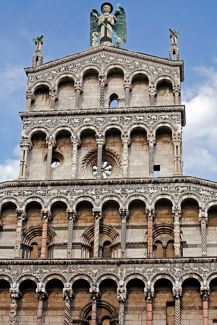 Angels And Facade Of The San Michele In Foro Church, Lucca, Tuscany, Italy