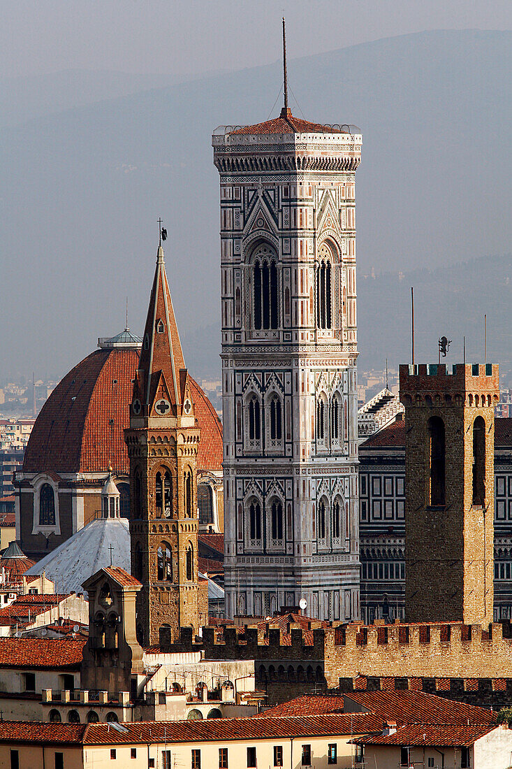 Palazzo Vecchio And Campanile And Cupola Of The Duomo With, In The Foreground, The Towers Of The Museo Nazionale Del Bargello And The Badia Fiorentina Church, Seen From The Piazzale Michelangelo, Florence, Tuscany, Italy