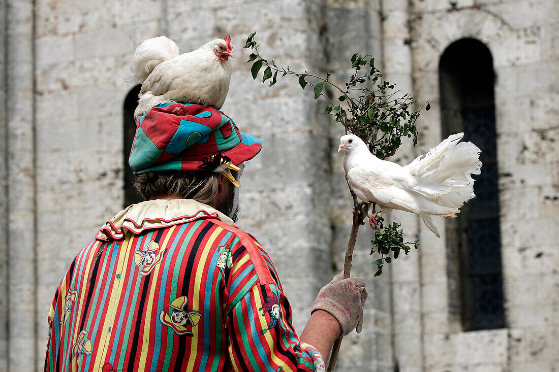 Street Performer With Hens And Pigeons, Chartres Cathedral, Eure Et Loir (28), France