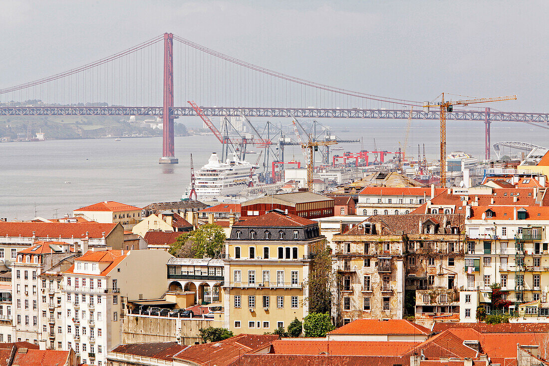 Cruise Boat At The Quay, Container Boat On The Tagus And April 25Th Bridge, Portugal, Europe