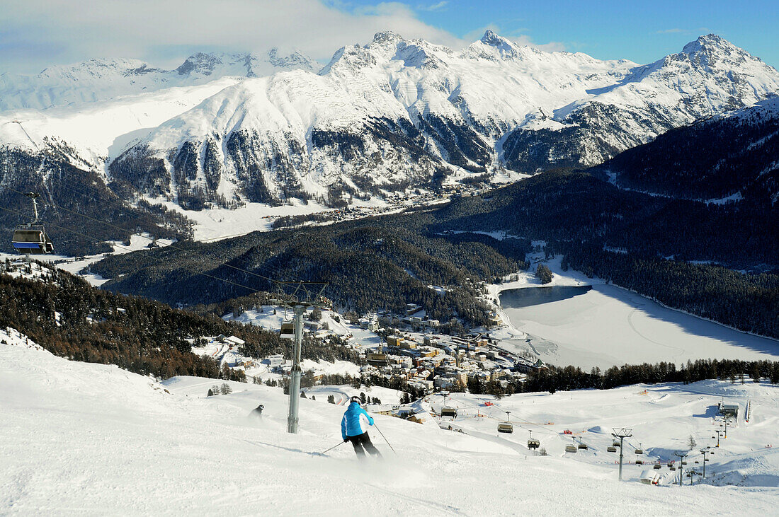Slope, ski area Corviglia, St. Moritz, Engadin, Grisons, Switzerland