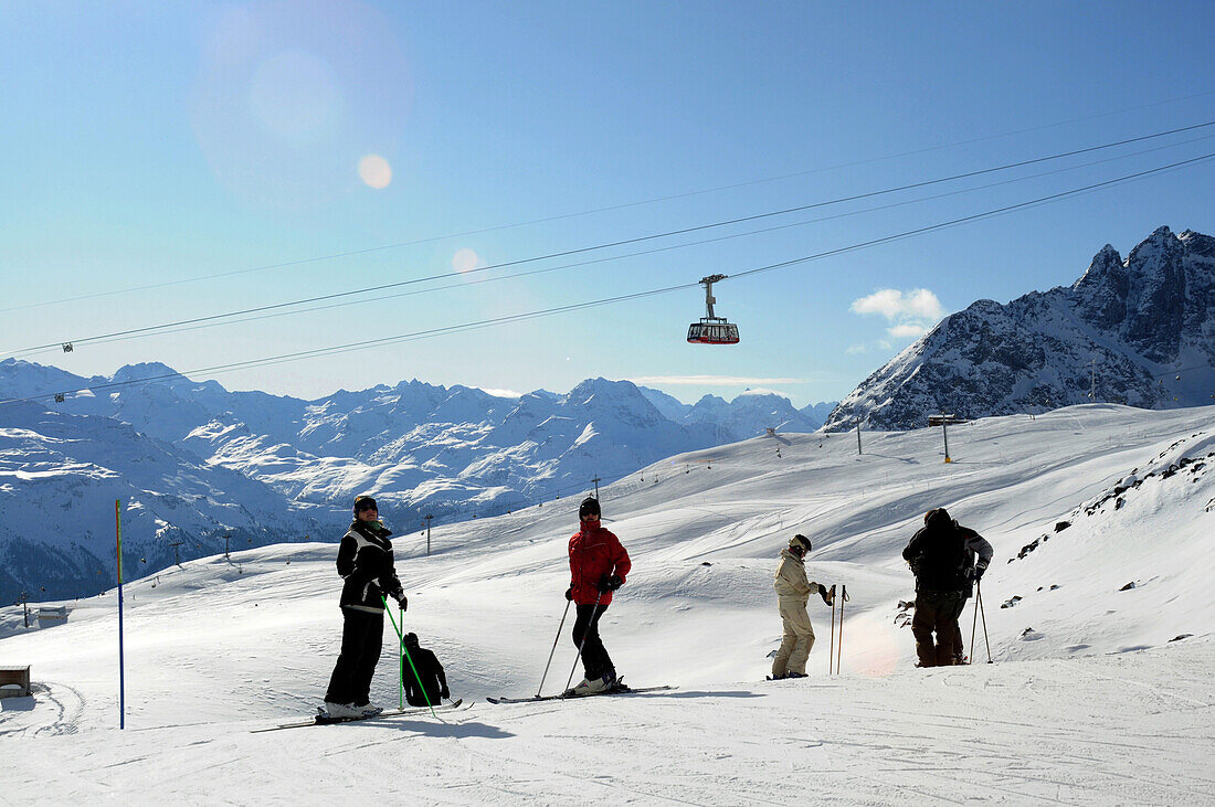 Overhead cable car, ski area Corviglia, St. Moritz, Engadin, Grisons, Switzerland