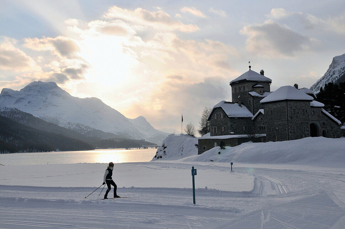 Cross-country skiing near Lake Silvaplana, Engadin, Grisons, Switzerland