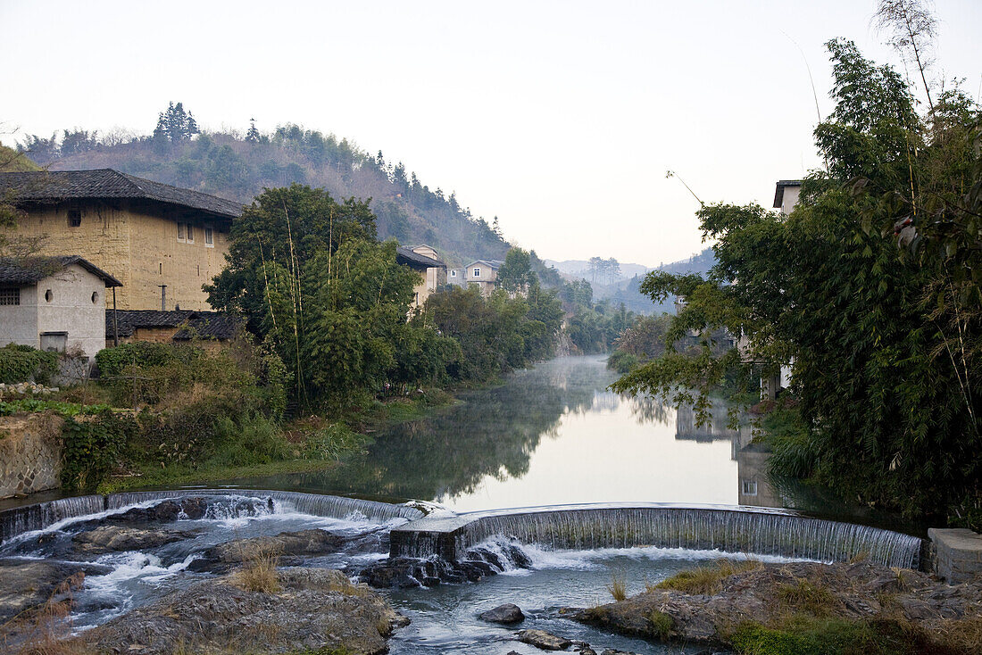The village Hongkeng of the Hakka at a river in the early morning, Hongkeng, Longyan, Fujian, China, Asia
