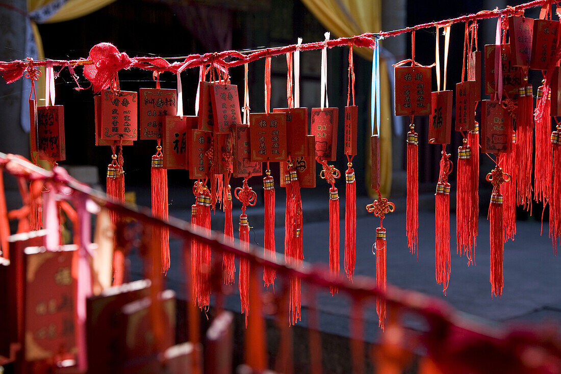 Red wooden talismans at a temple of the Hakka people, Hongkeng, Longyan, Fujian, China, Asien