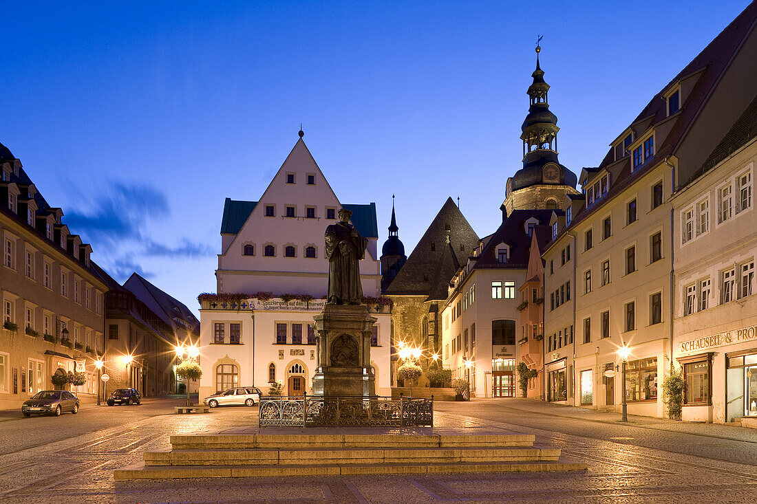 Market place with town hall and monument of Martin Luther, UNESCO cultural world heritage, Eisleben, Saxony-Anhalt, Germany, Europe