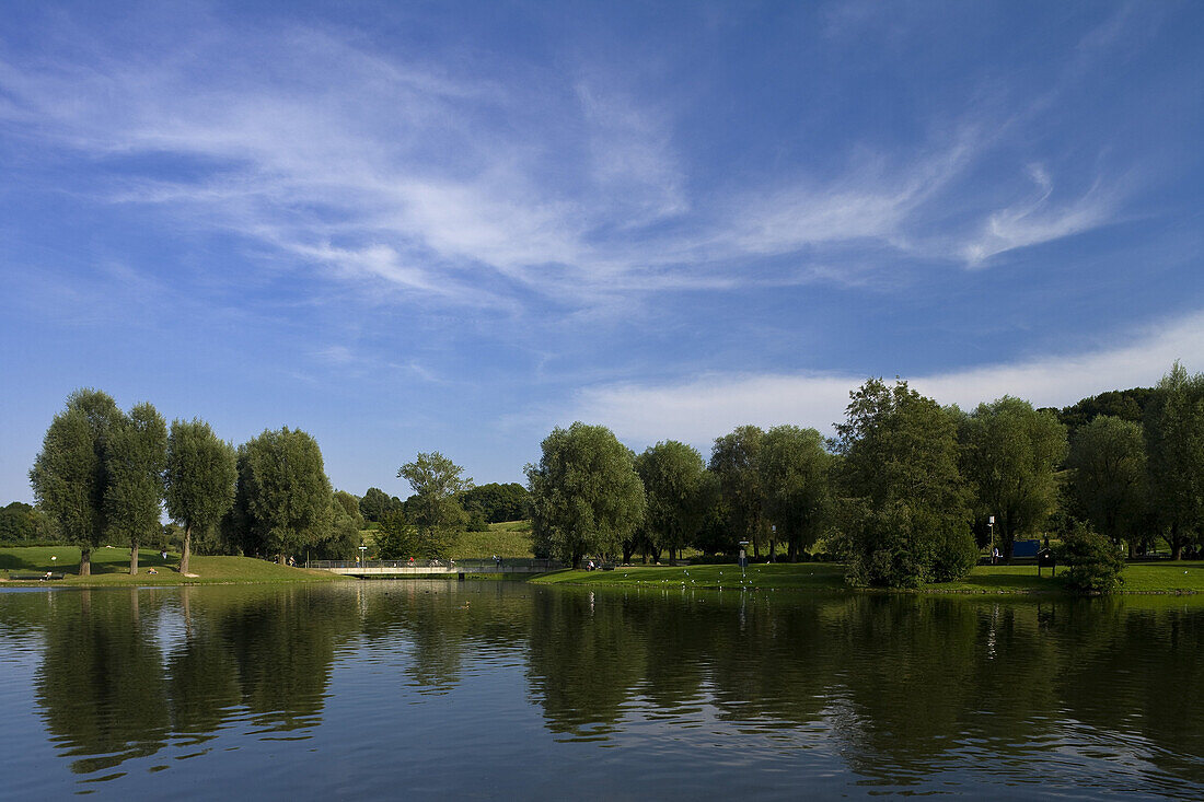 Olympia Park with Olympia lake, Munich, Upper Bavaria, Bavaria, Germany, Europe