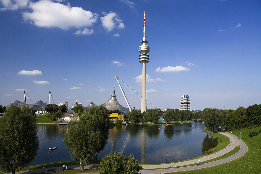 Olympia Park with Olympic tower and lake, Munich, Upper Bavaria, Bavaria, Germany, Europe