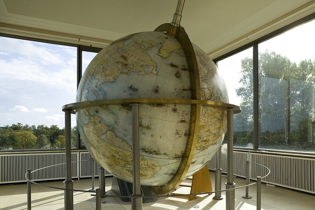 Giant Gottorf globe in the Globehouse, Neuwerkgarten, Gottorf Castle, Schleswig, Schleswig-Holstein, Germany, Europe