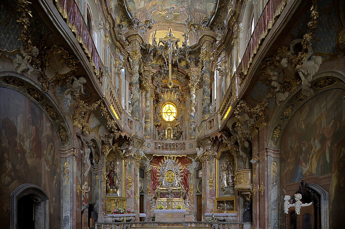 Interior view of the Asam church, Asamkirche, St. Johann Nepomuk was build in 1733–1746 by the Asam brothers Asam, Cosmas Damian Asam and Egid Quirin Asam, Munich, Bavaria, Germany, Europe