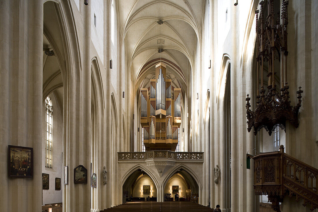 Main nave with view towards the organ in in St. Jakob's church in Rothenburg ob der Tauber, Bavaria, Germany, Europe