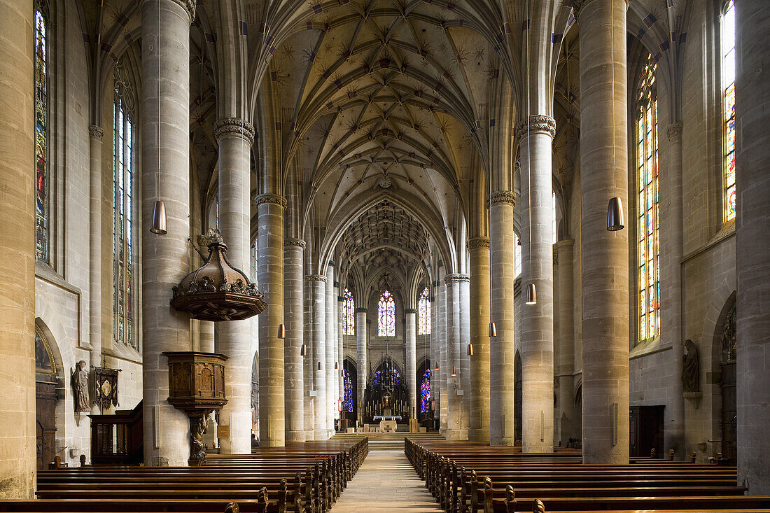 Interior view of the Heilig Kreuz Minster in Schwäbisch Gmünd, Baden-Württemberg, Germany, Europe