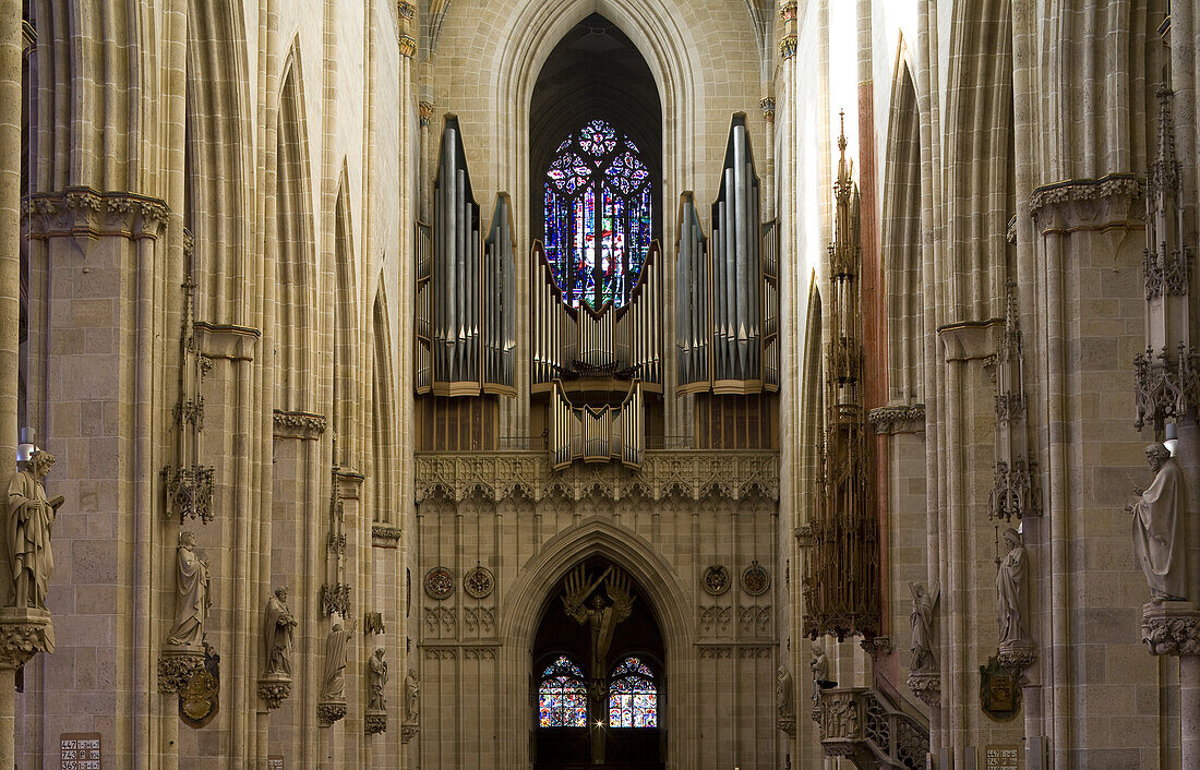 Interior view of Ulm Minster, Ulmer Münster, View towards the main organ, Ulm, Baden-Württemberg, Germany, Europe