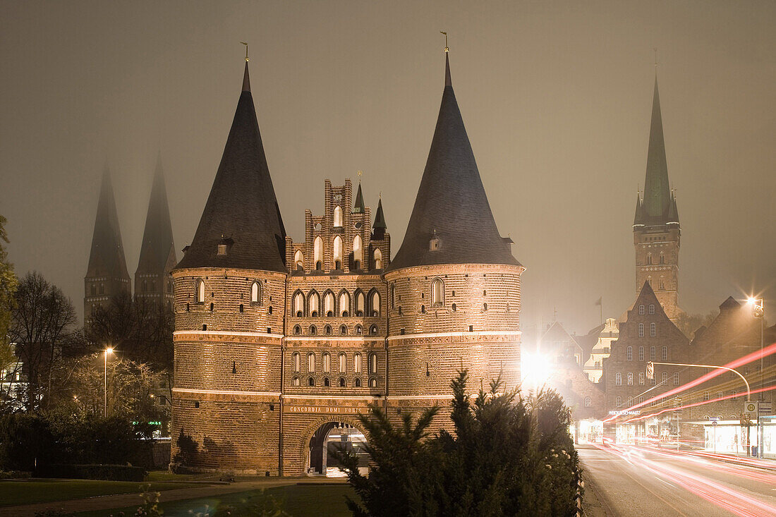 The Holstentor, a Lübeck landmark with St. Mary's church, Marienkirche on the left and the church of St. Petri on the right, Hanseatic city of Lübeck, Schleswig-Holstein, Germany, Europe