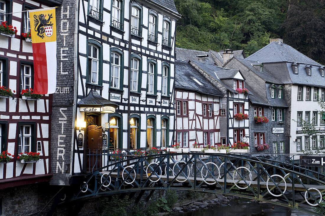 Half timbered houses along the river Rur, Monschau, Eifel, North Rhine-Westphalia, Germany, Europe