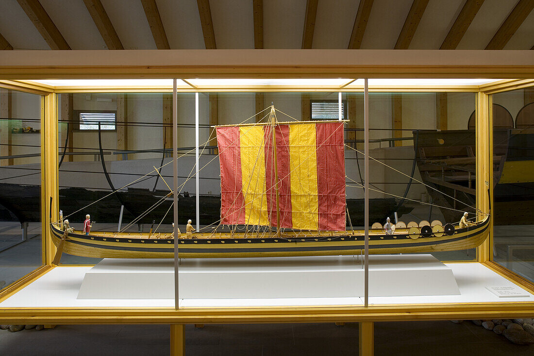 Model of a long-boat in the viking Museum Haithabu, near Schleswig, Schleswig-Holstein, Germany, Europe