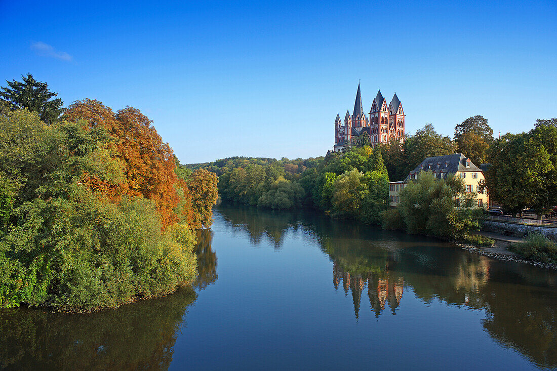 View over Lahn river to cathedral, Limburg, Hesse, Germany