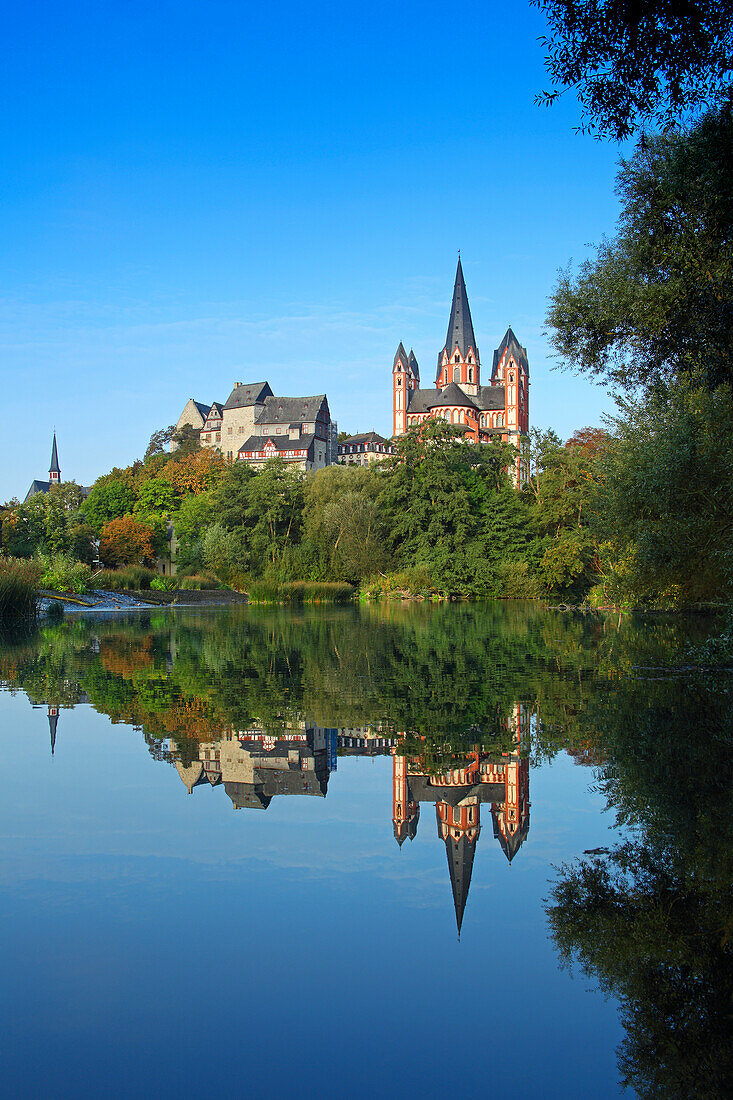 View over Lahn river to cathedral and castle, Limburg, Hesse, Germany