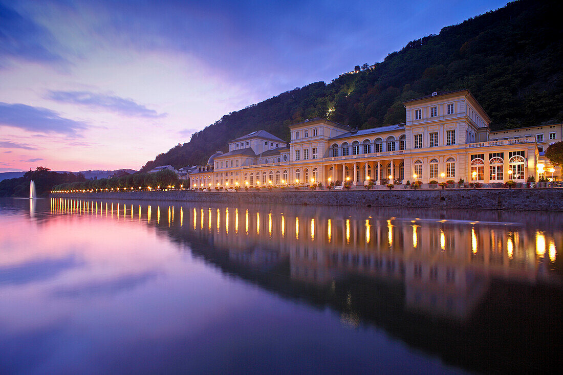 View over Lahn river to casino, Bad Ems, Rhineland-Palatinate, Germany
