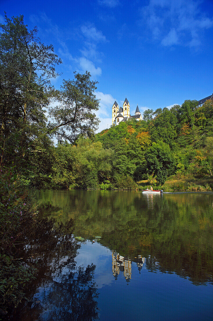 View over river Lahn to Arnstein Abbey, Rhineland-Palatinate, Germany