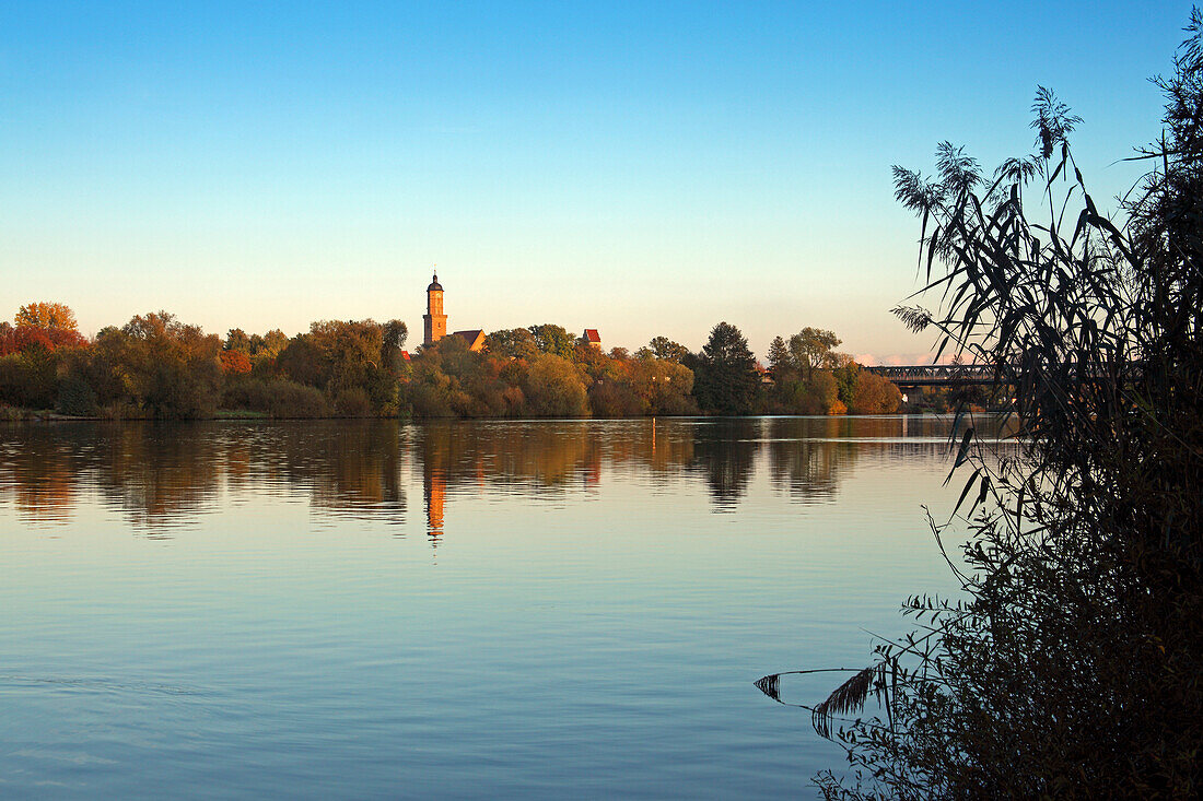 View over Main river to Volkach, Franconia, Bavaria, Germany