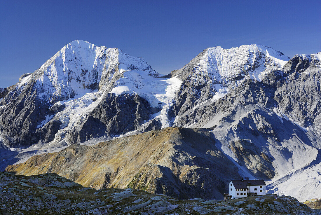 Zaytal hut, mountain Koenigspitze and Zebru in background, Ortler range, South Tyrol, Italy