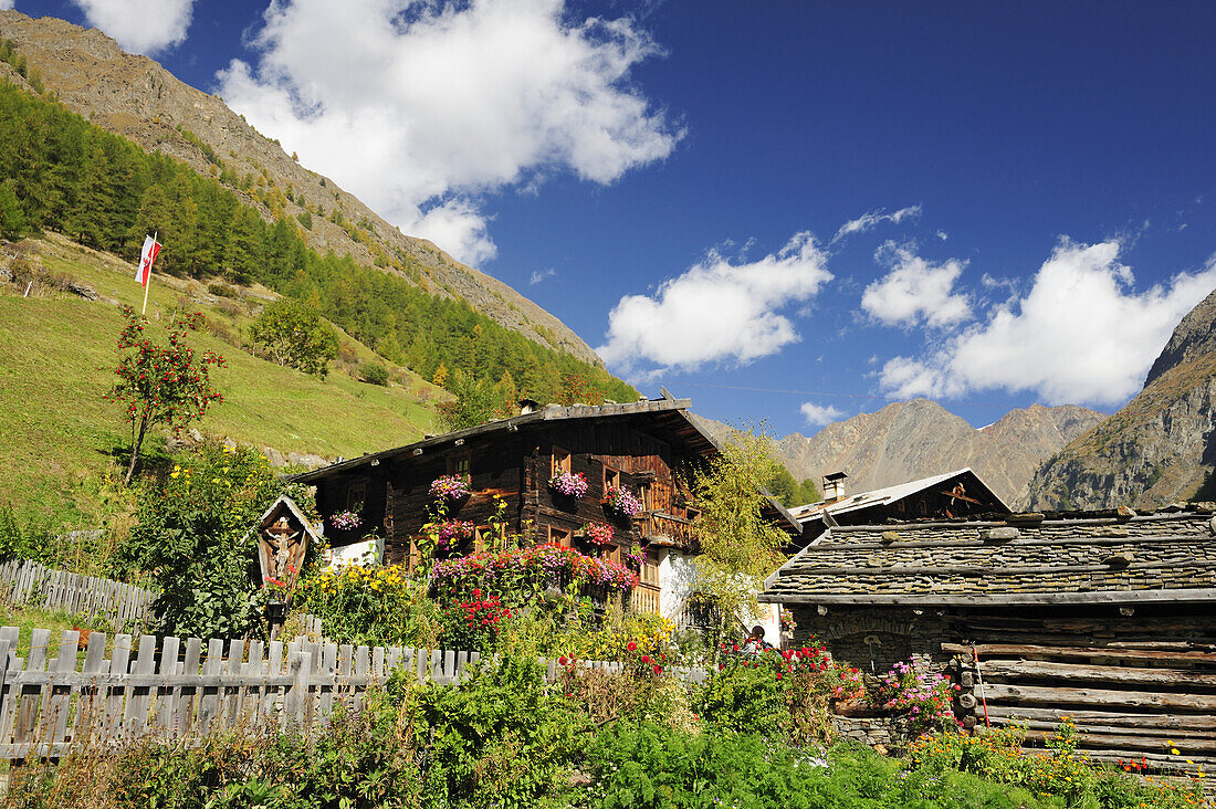 Farmhouses with garden, Vinschgau, Trentino-Alto Adige/South Tyrol, Italy