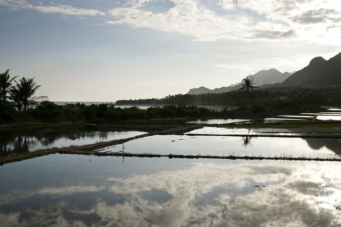 Wolken spiegeln sich auf Reisfeldern, Ostküste von Taiwan, Republik China, Taiwan, Asien