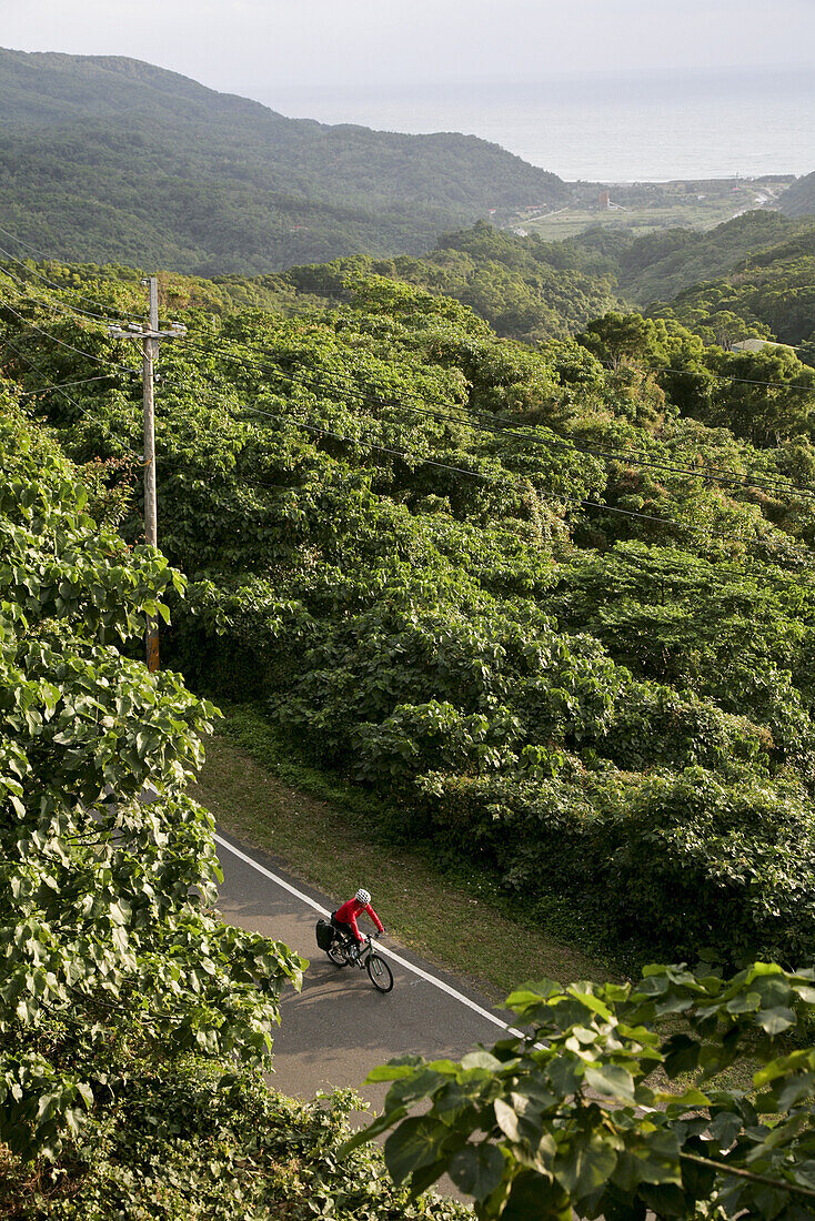 Cyclist on a road through rain forest, east coast of Taiwan, Republic of China, Taiwan, Asia