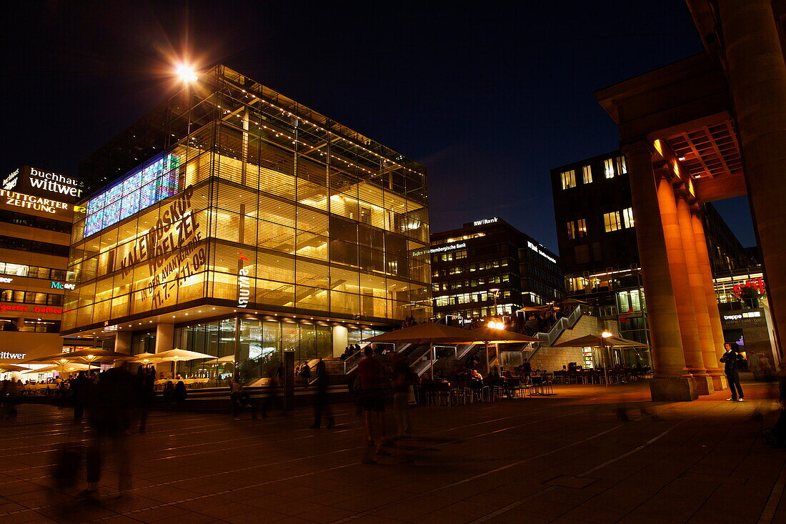 Illuminated Kunstmuseum at castle square in the evening, Stuttgart, Baden-Wurttemberg, Germany