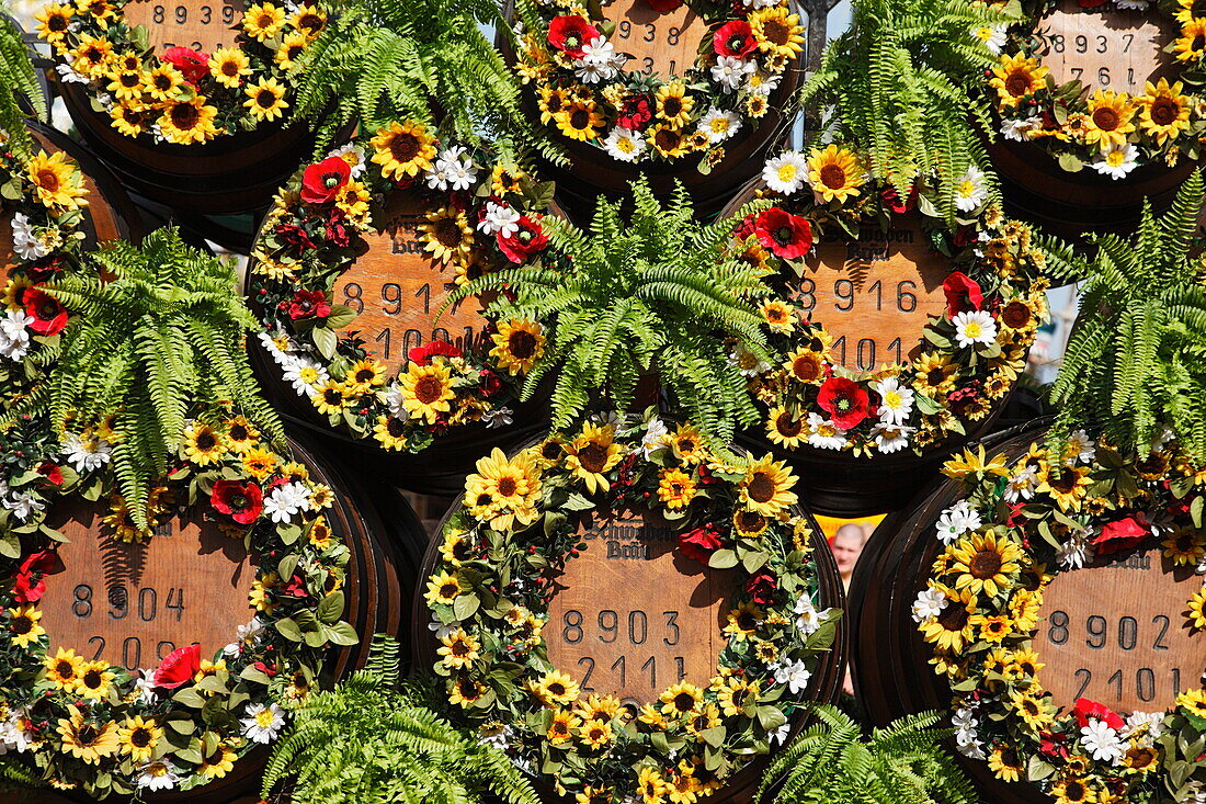 Beer barrels, Cannstatter Volksfest, Stuttgart, Baden-Wurttemberg, Germany